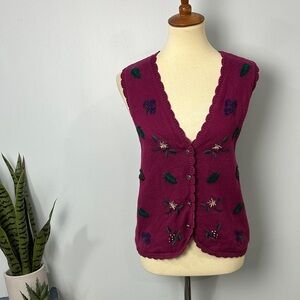 VTG Northern Reflections Knit Button-Up Vest Floral Embroidery Size Small